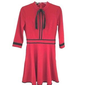Feiinvan Red Fit & Flare Dress Size M Black Bow Ribbon Trim‎ Retro Mod A-Line